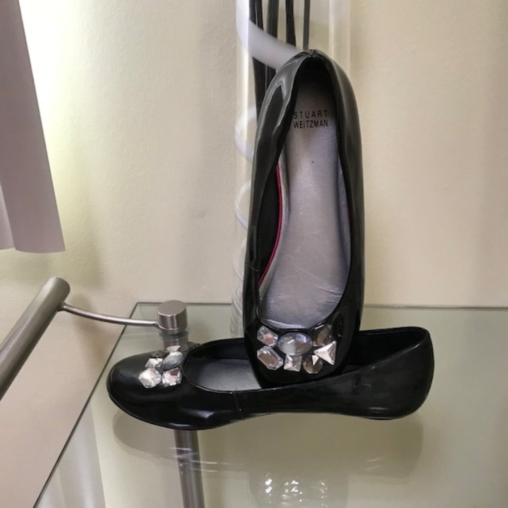 STUART WEITZMAN Leather Patent PRISM Crystals Ballet Flats Embellished Black 5